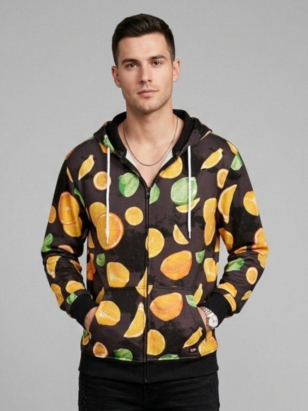 Vintage Southpole Zip Hoodie All-Over Lemon Lime Graphic Print Y2K Streetwear